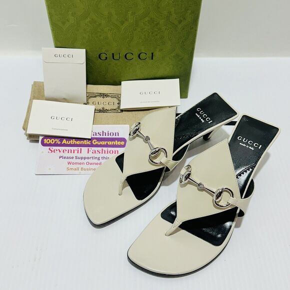 Gucci Mariame 55mm Horsebit White Leather Thong Heel Sandals Size 37/ 7 NIB $890 - Picture 5 of 12